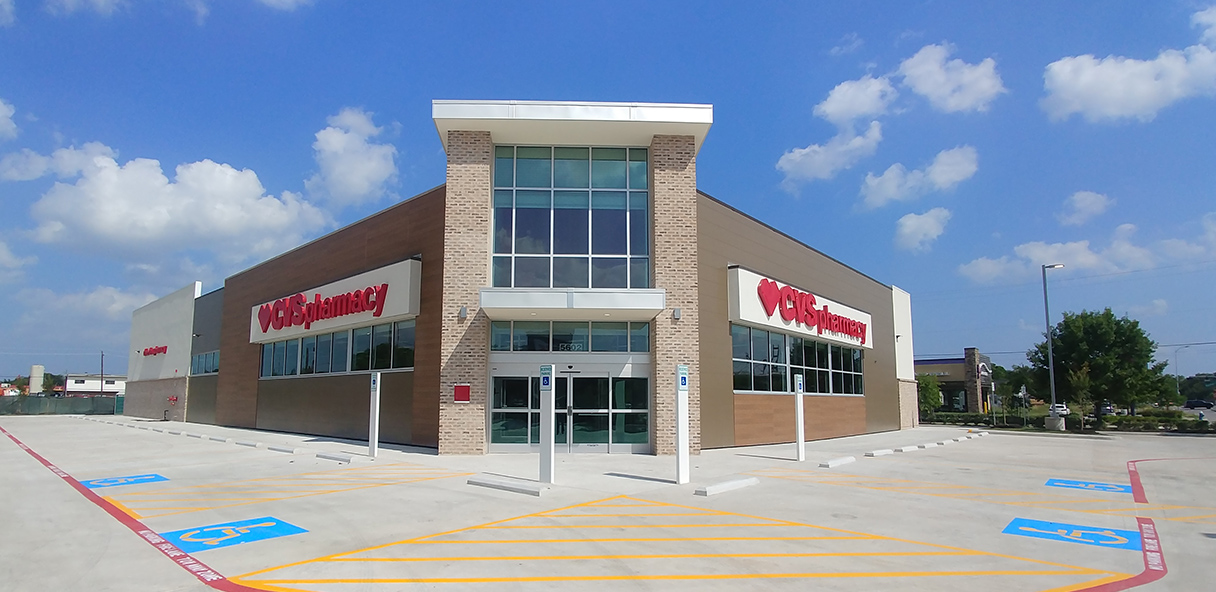 Exterior of the CVS Pharmacy at 5602 Lyons with glass front doors.
